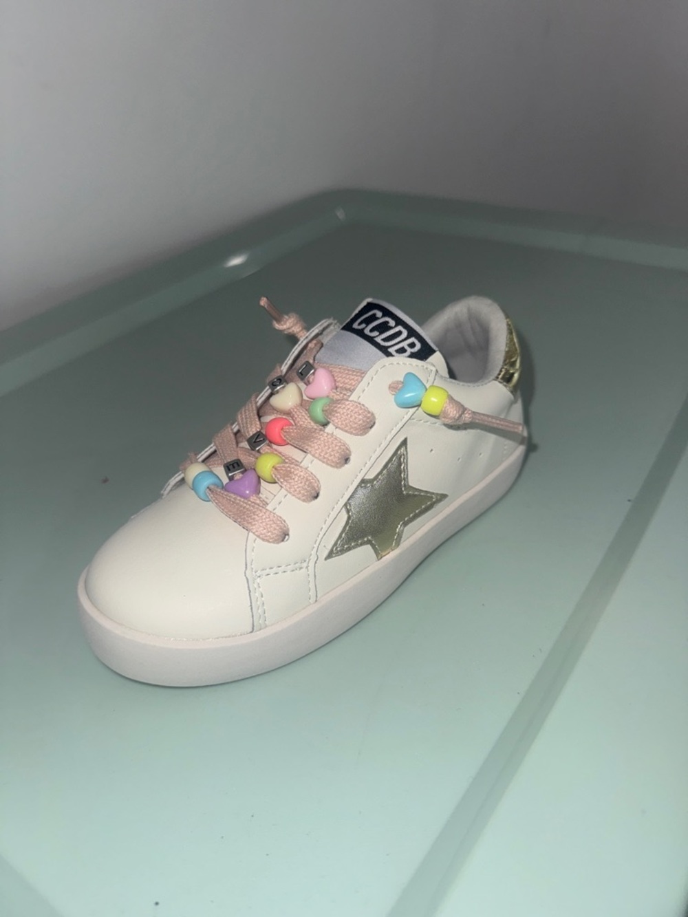 White Kids Sneakers with Gold Star Accent and Pastel Heart Beads